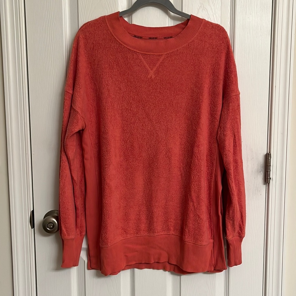 aerie Rust Red Crew Neck Oversized Sweatshirt Split Side Hems Cotton-blend Small